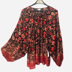 Billa Bong Women L Orange Red Floral Dolman Long Sleeve Pullover Blouse Top NEW